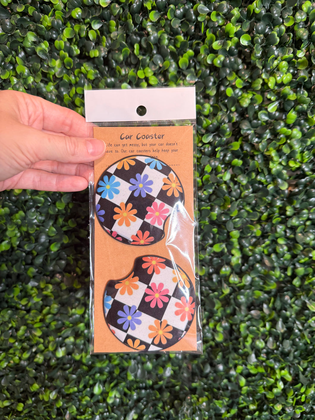 Checkered Floral Car Coasters
